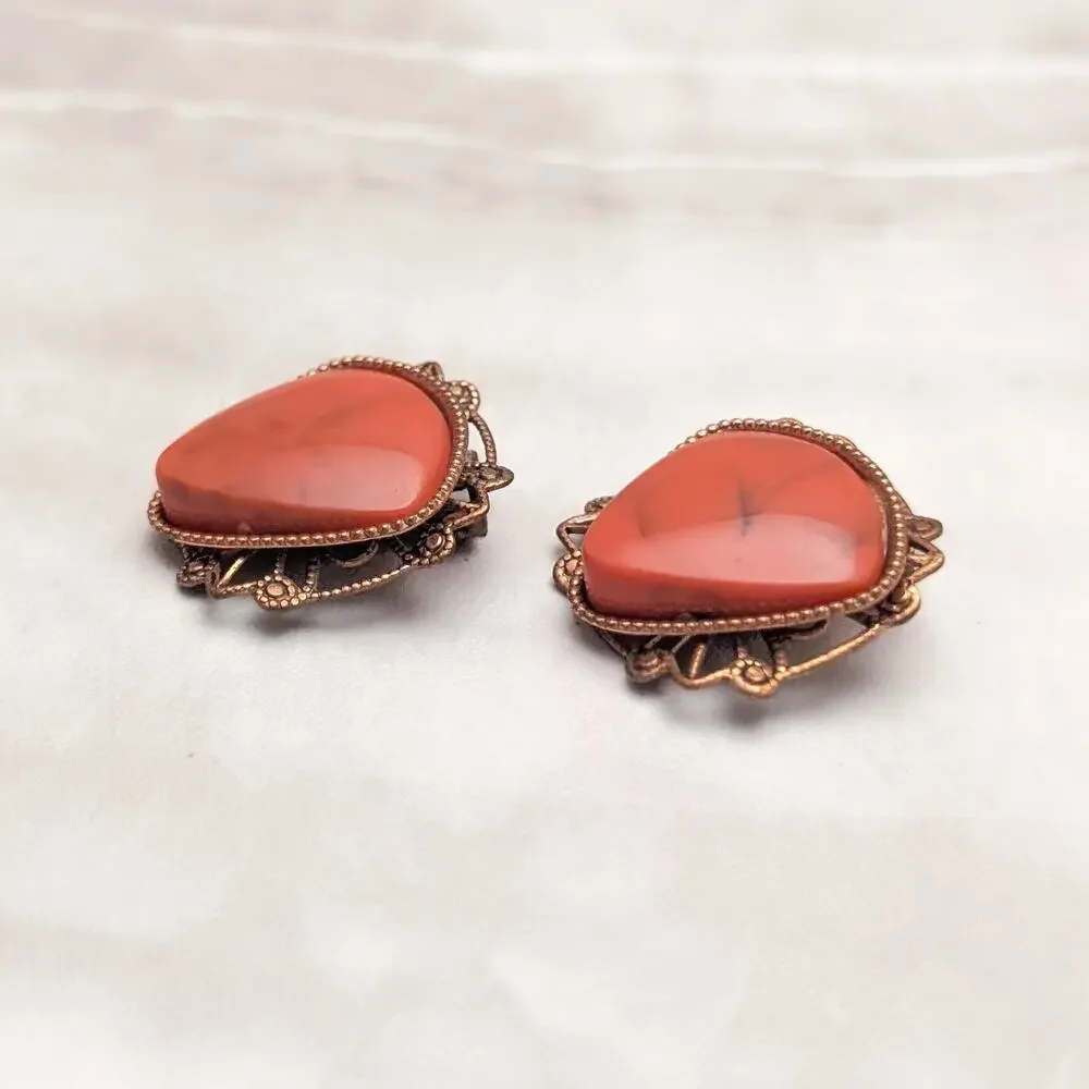Vintage Clip On Earrings Statement Dark Orange and Copper Tone Large Regal